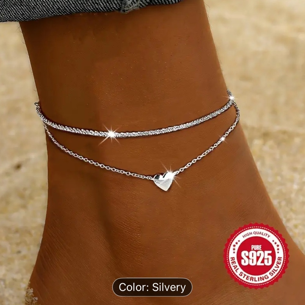 925 Sterling Silver Heart Anklet